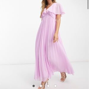 ASOS DESIGN angel cape sleeve pleated hem maxi dress in pale pink
